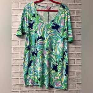 Lilly Pulitzer Lindley Caftan Dress Resort Navy Uptown Trunk Blue Green, Medium